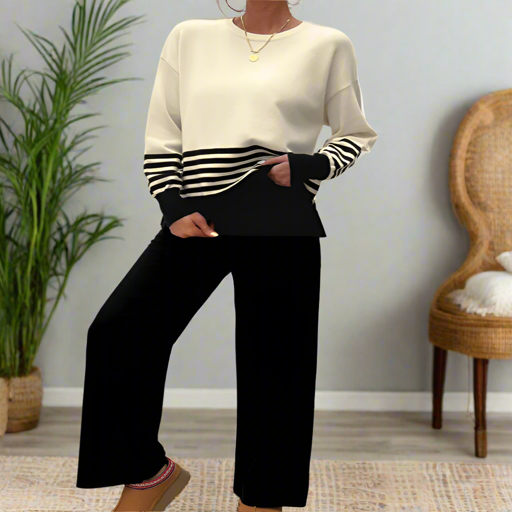 Striped Long Sleeve Top & Knit Pant Set