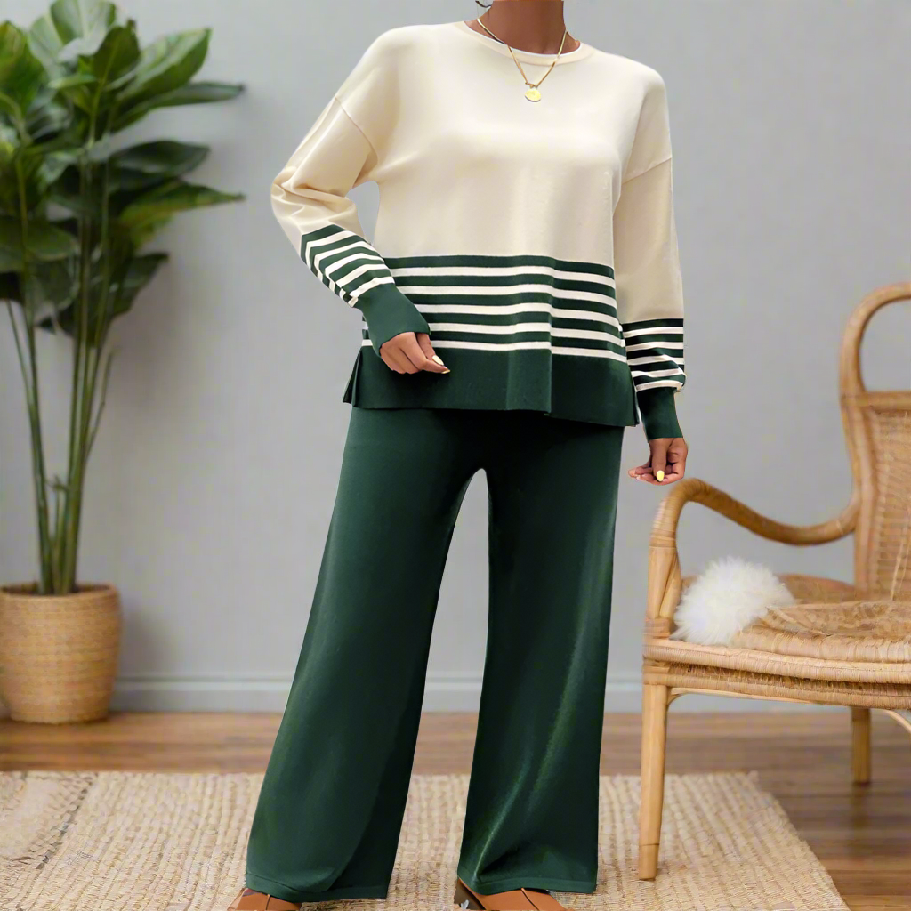 Striped Long Sleeve Top & Knit Pant Set