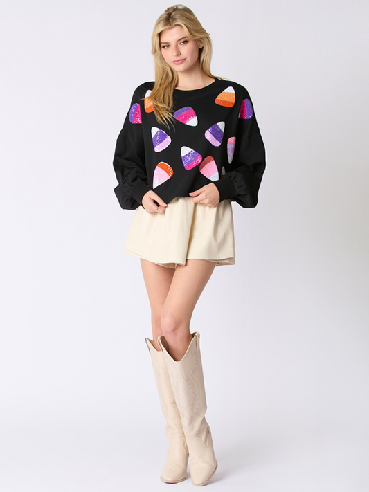 Halloween Candy Sequins Long Sleeve Casual Pullover Sweatshirt