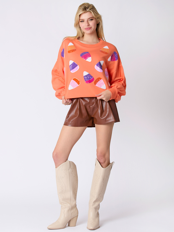 Halloween Candy Sequins Long Sleeve Casual Pullover Sweatshirt