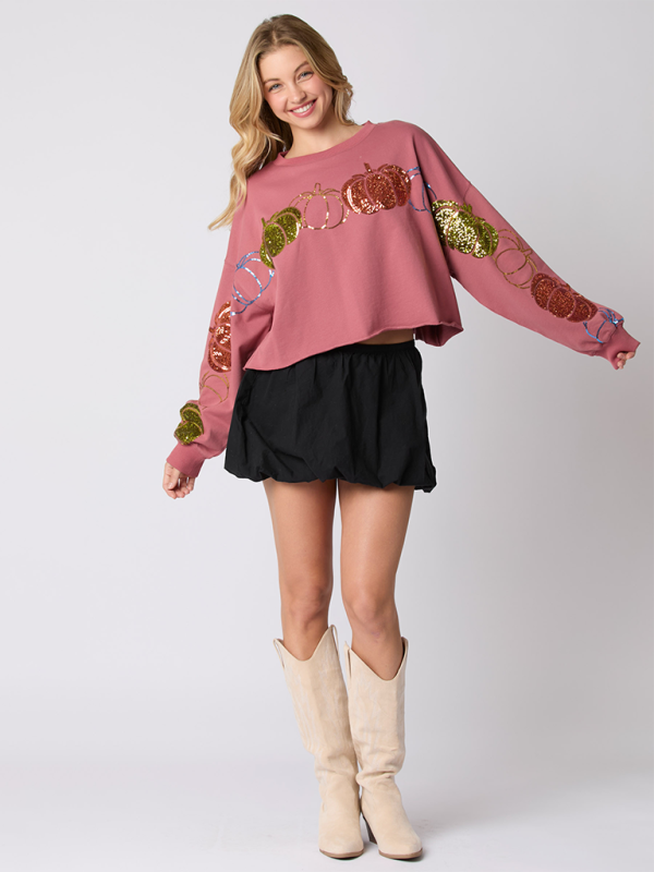 Pumpkin Sequin Long Sleeve Top