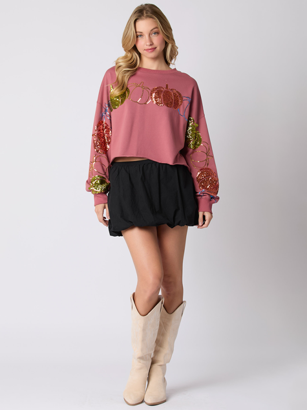 Pumpkin Sequin Long Sleeve Top