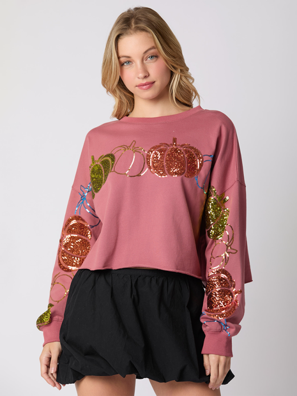 Pumpkin Sequin Long Sleeve Top