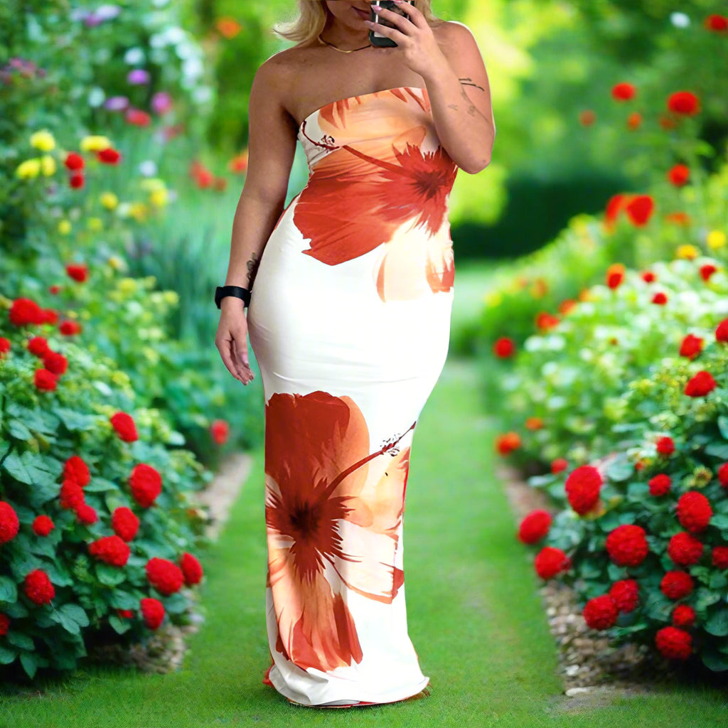 White & Orange Strapless Bodycon Maxi Dress