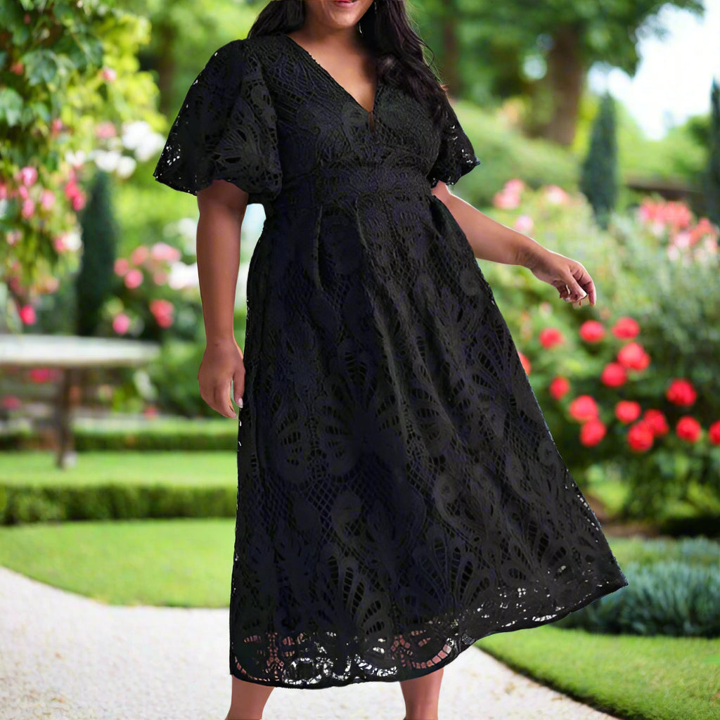 V-Neck Puff Sleeve Lace Dress