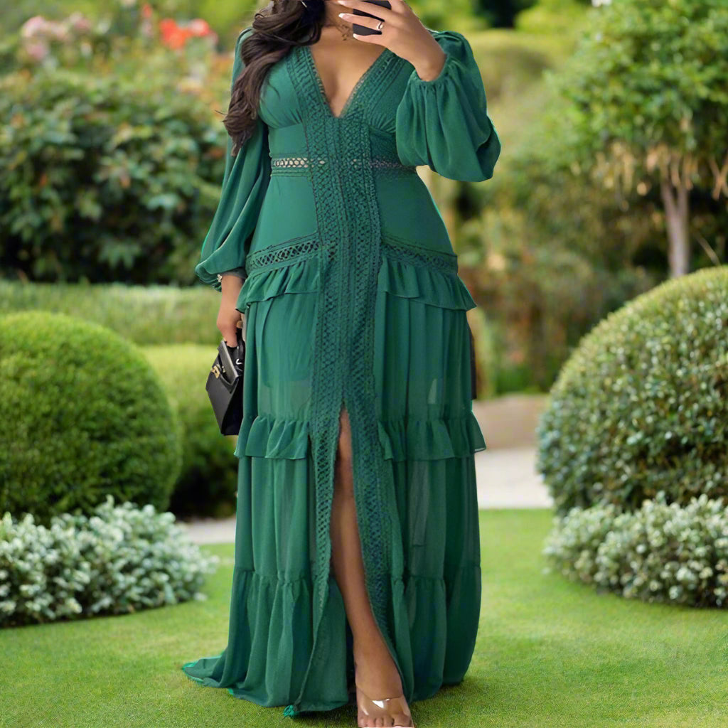 V-Neck Ruffled Long Sleeve Dress