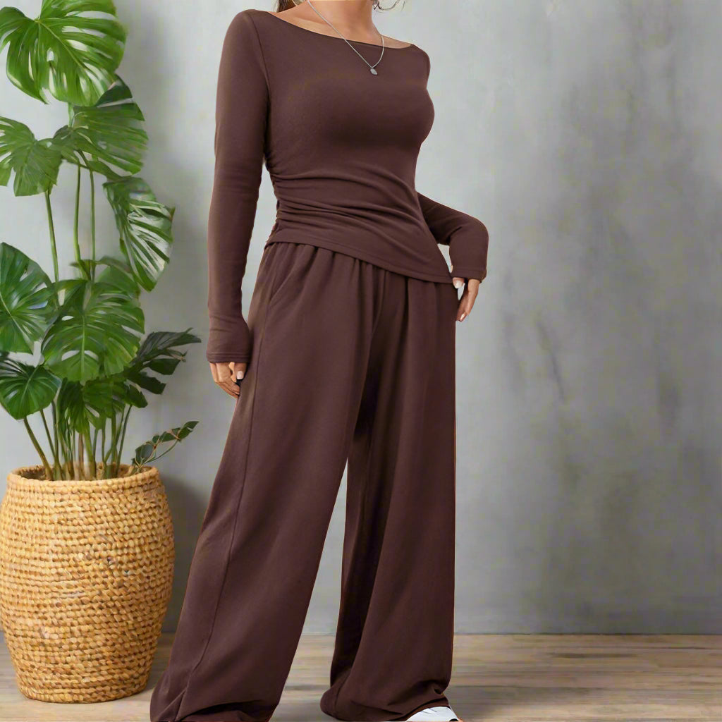 Off The Shoulder Long Sleeve Top & Pant Set