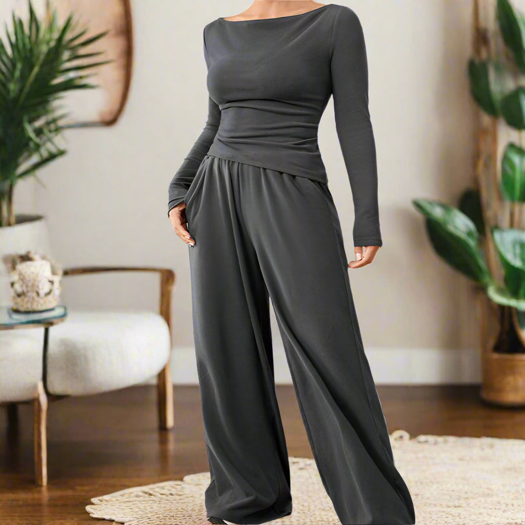 Off The Shoulder Long Sleeve Top & Pant Set