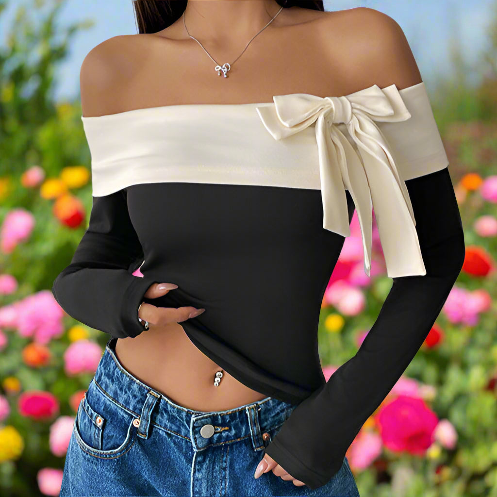 Off The Shoulder Black & White Long Sleeve Top