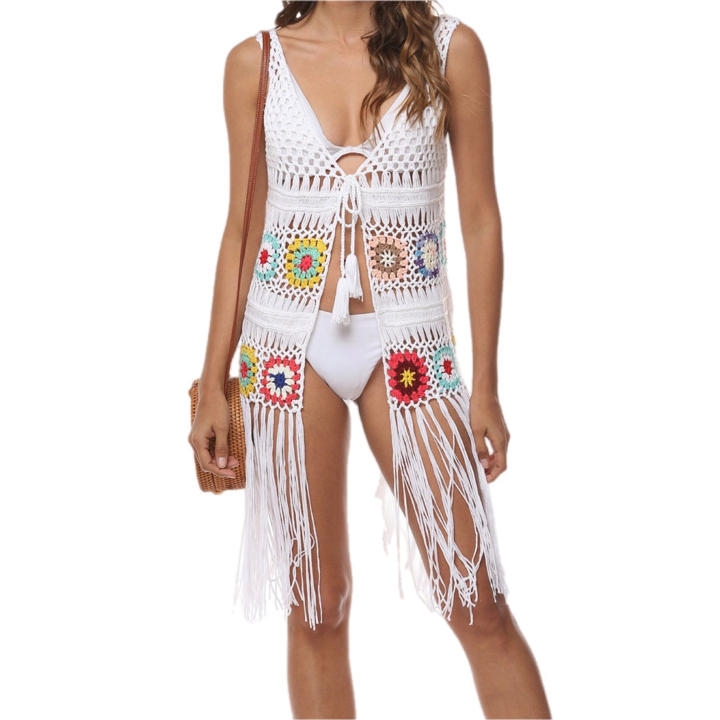 Fringe Embroidery Sleeveless Beach Cover-Up