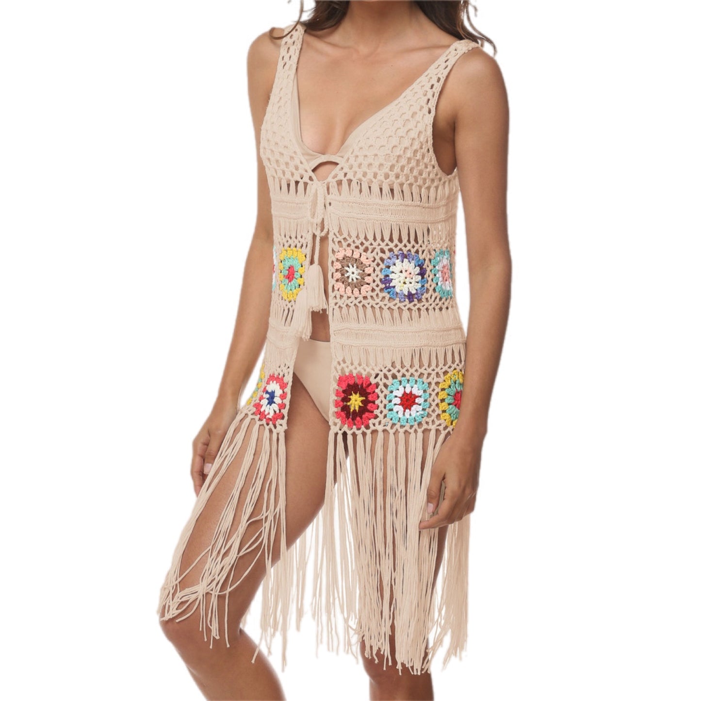 Fringe Embroidery Sleeveless Beach Cover-Up