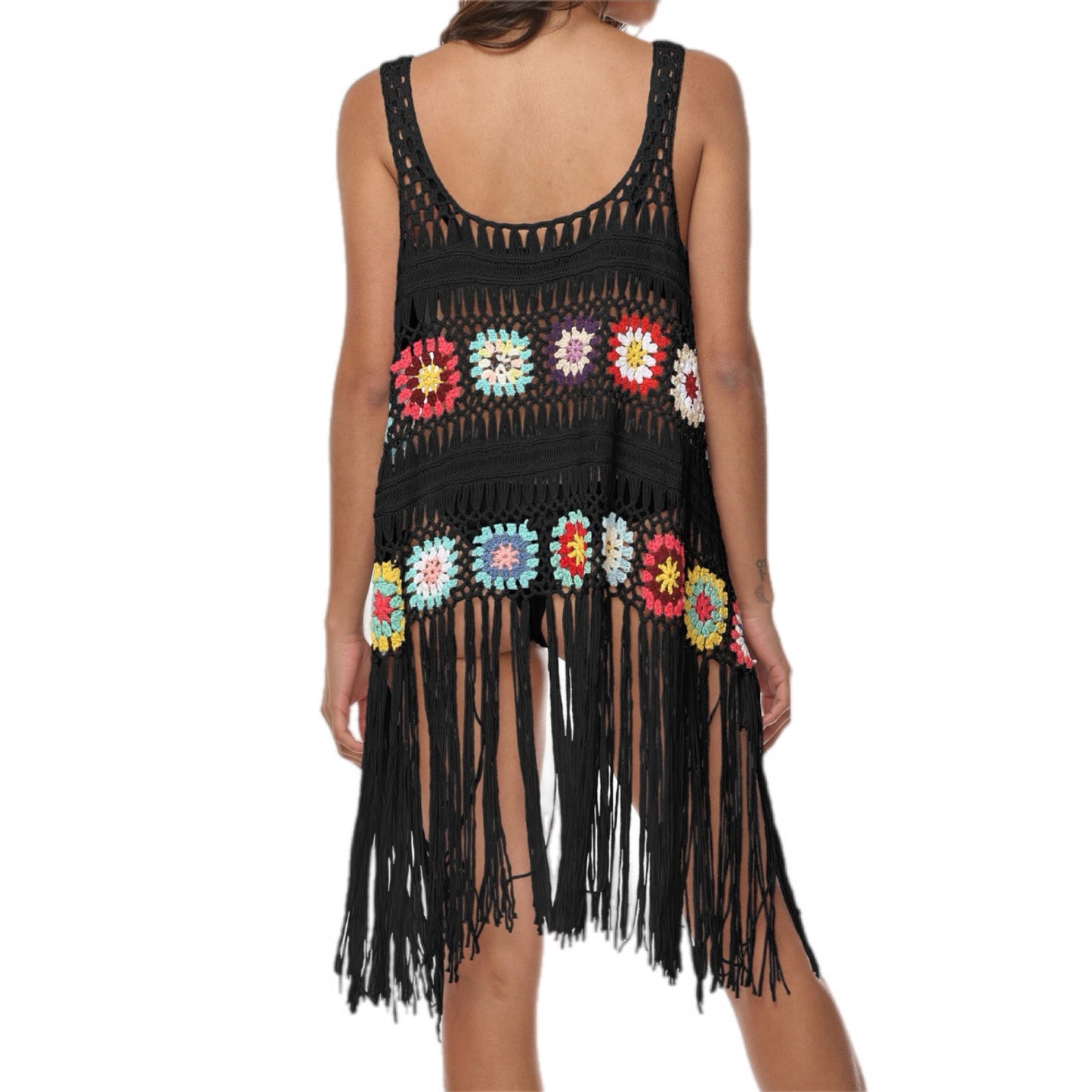 Fringe Embroidery Sleeveless Beach Cover-Up