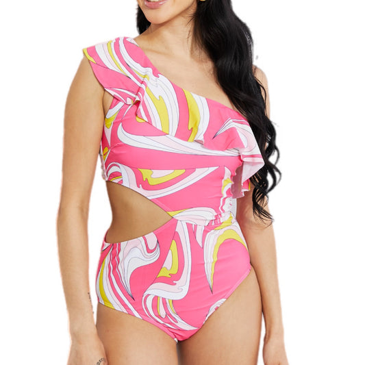 Asymmetric Cutout Ruffle Swimsuit in Pink