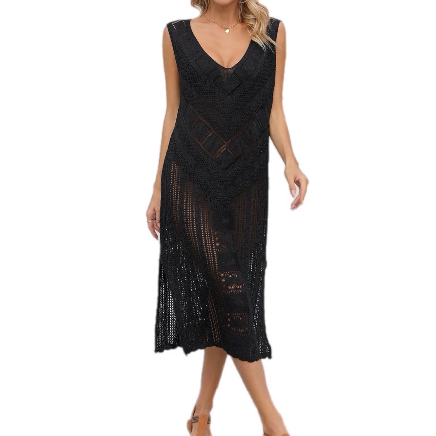 Openwork Slit V-Neck Swim Cover Up