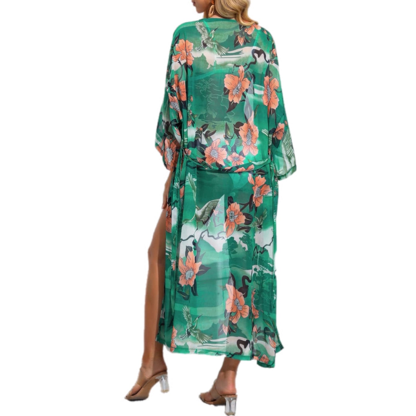 Floral Tie Waist Duster Beach Cover Up