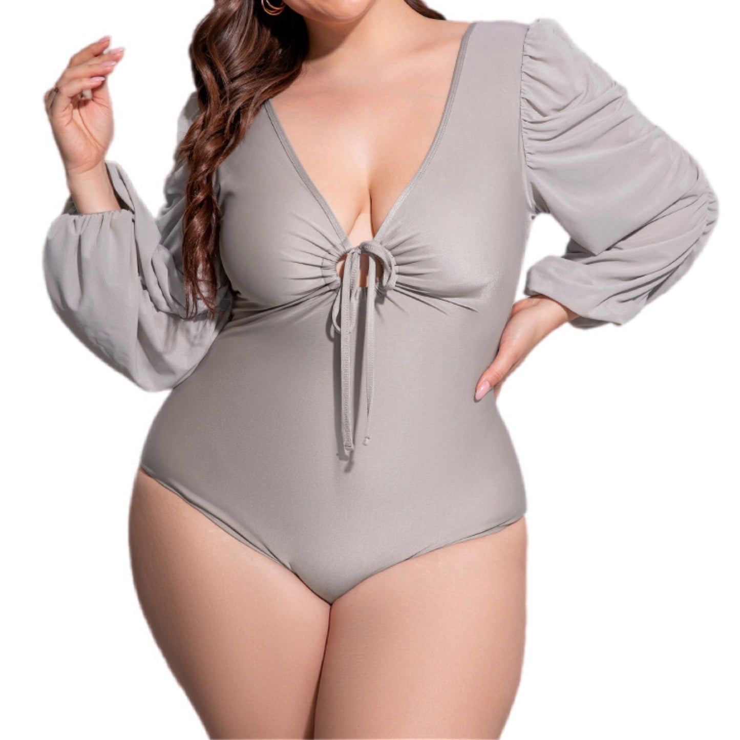 Plus Size Tied Deep V Balloon Sleeve One-Piece