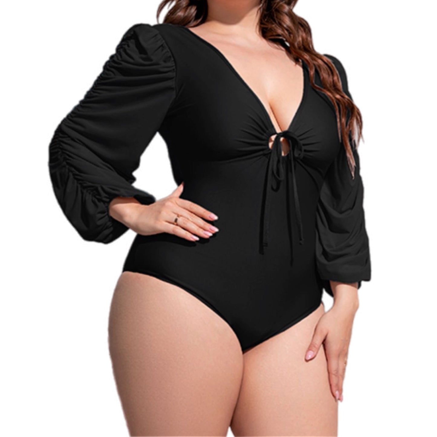 Plus Size Tied Deep V Balloon Sleeve One-Piece