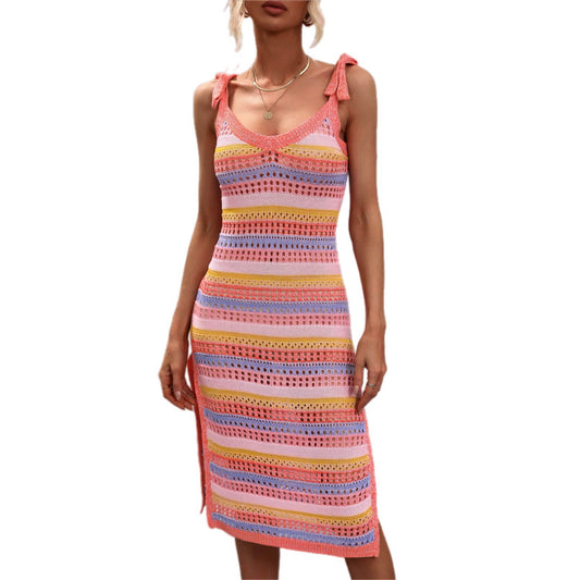 Crochet Striped Tie Shoulder Swim Cover Up