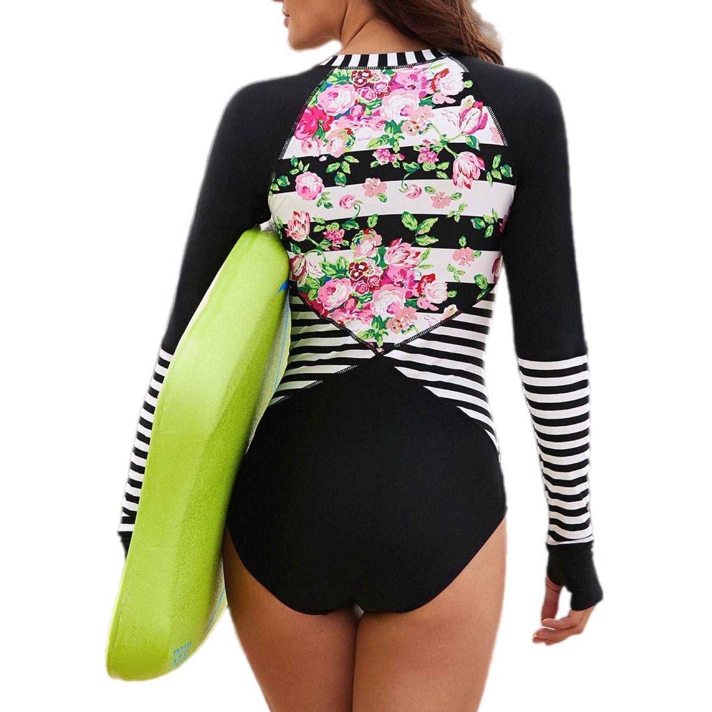 Floral Striped Zipper Rashguard One-Piece