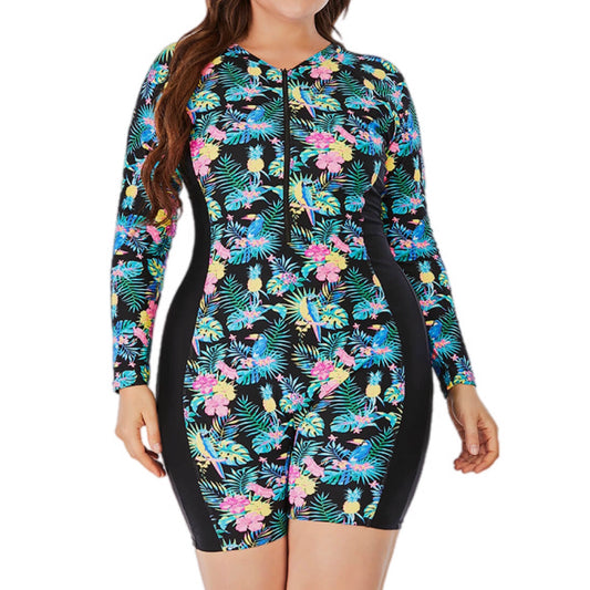 Plus Size Floral Zip Up Long Sleeve Wetsuit