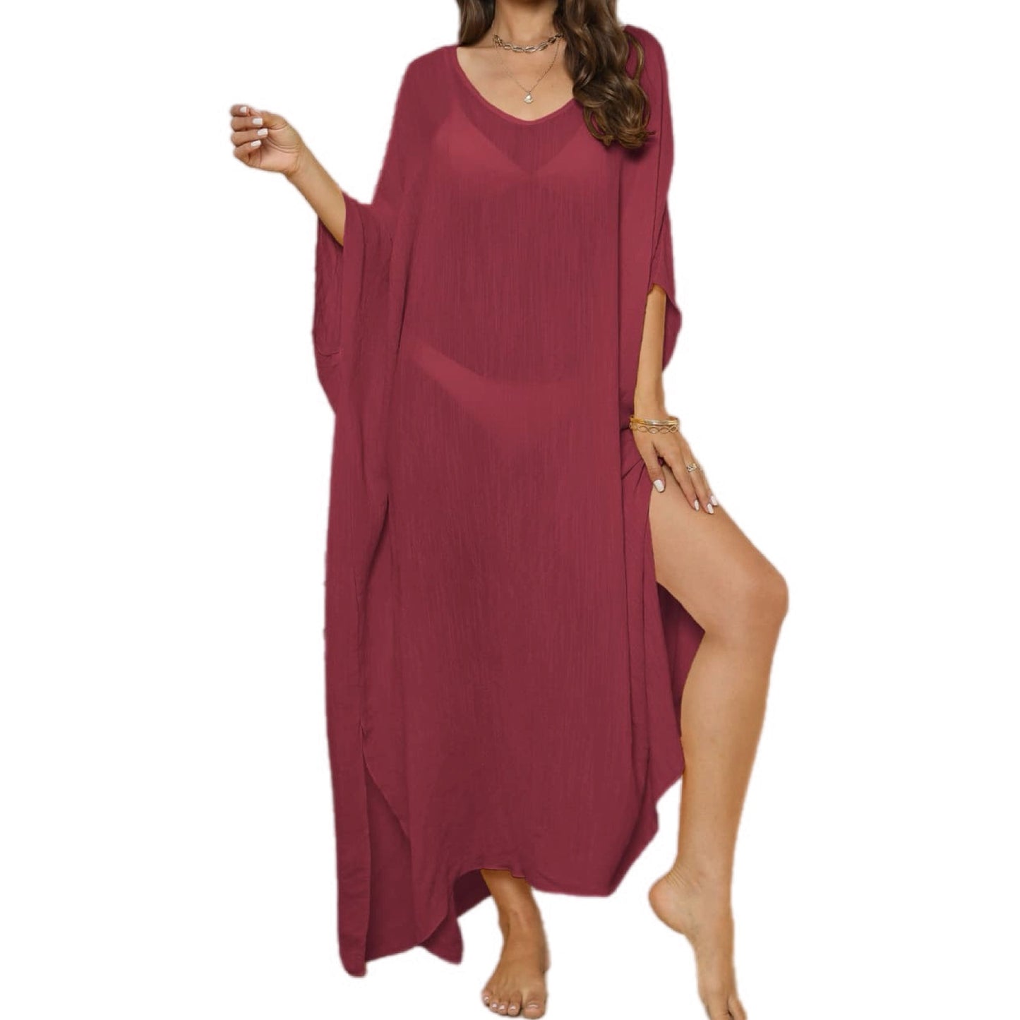 V-Neck Three-Quarter Sleeve Maxi Cover-Up