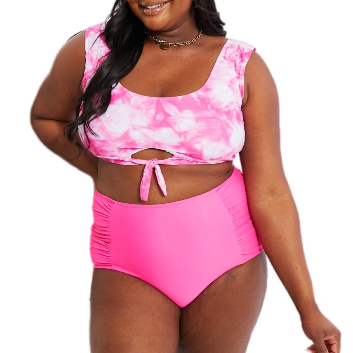 Pink Tie-Dye Crop Top & High Waist Ruched Bottoms Two-Piece