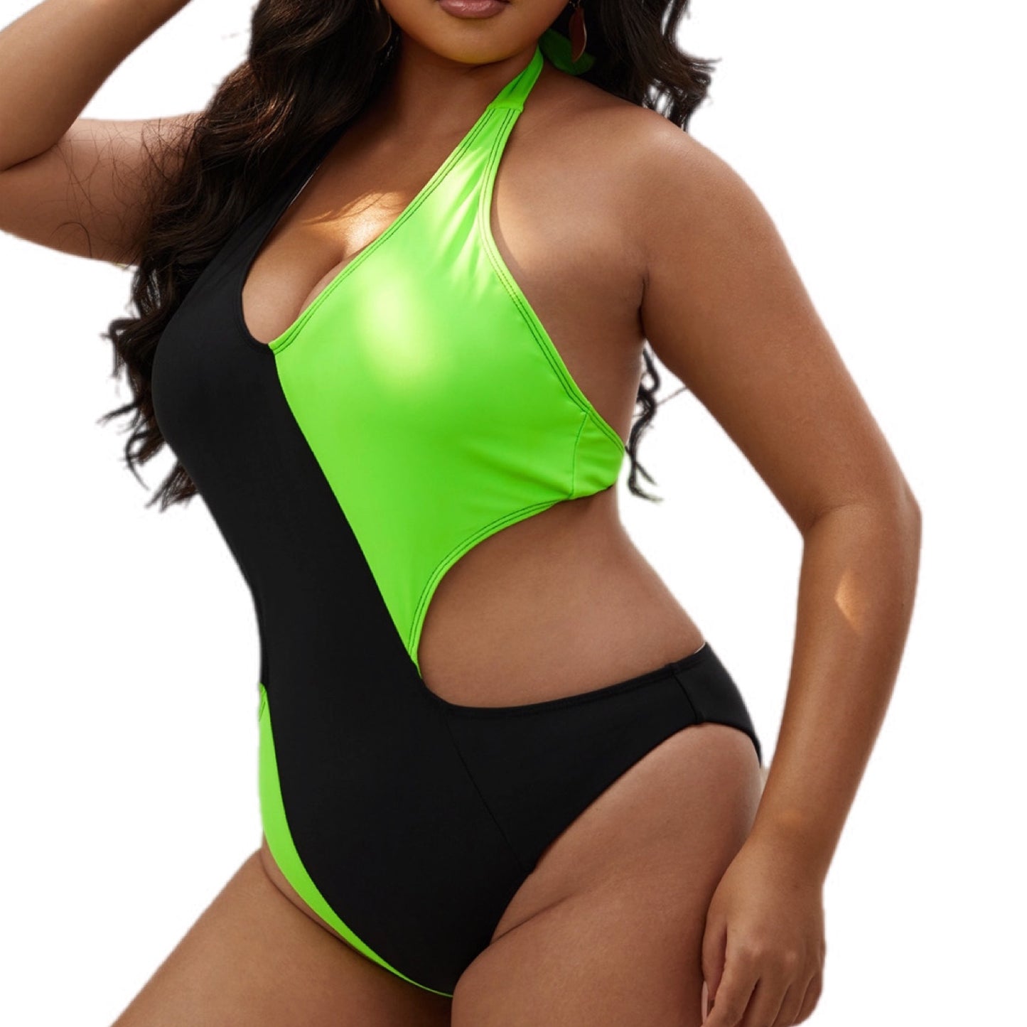 Plus Size Contrast Halter Neck Side Cutout One-Piece