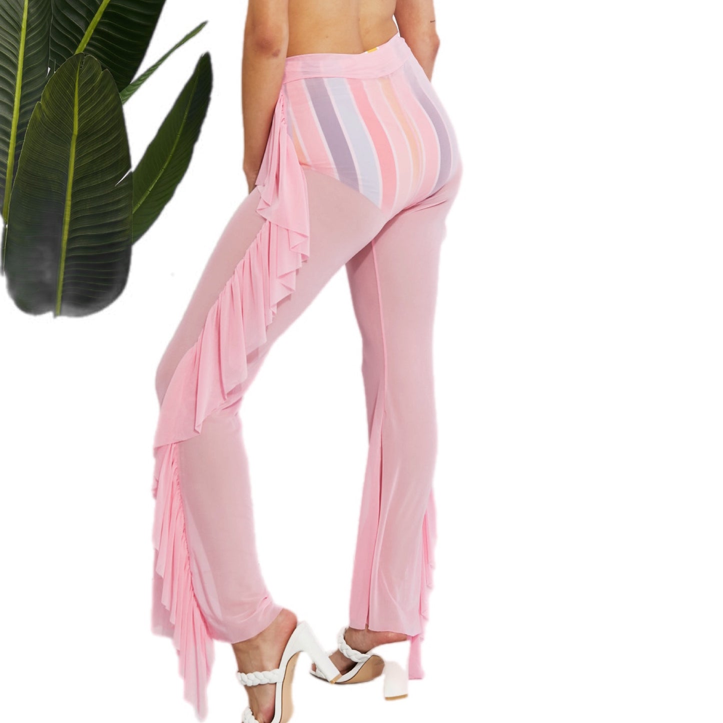 Pink Mesh Ruffle Cover-Up Pants