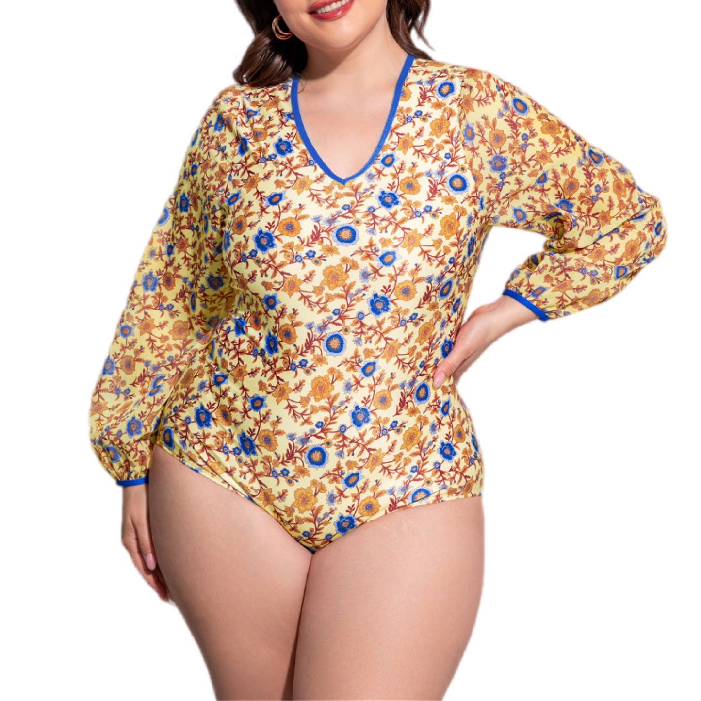 Plus Size Floral Open Back Long Sleeve One-Piece