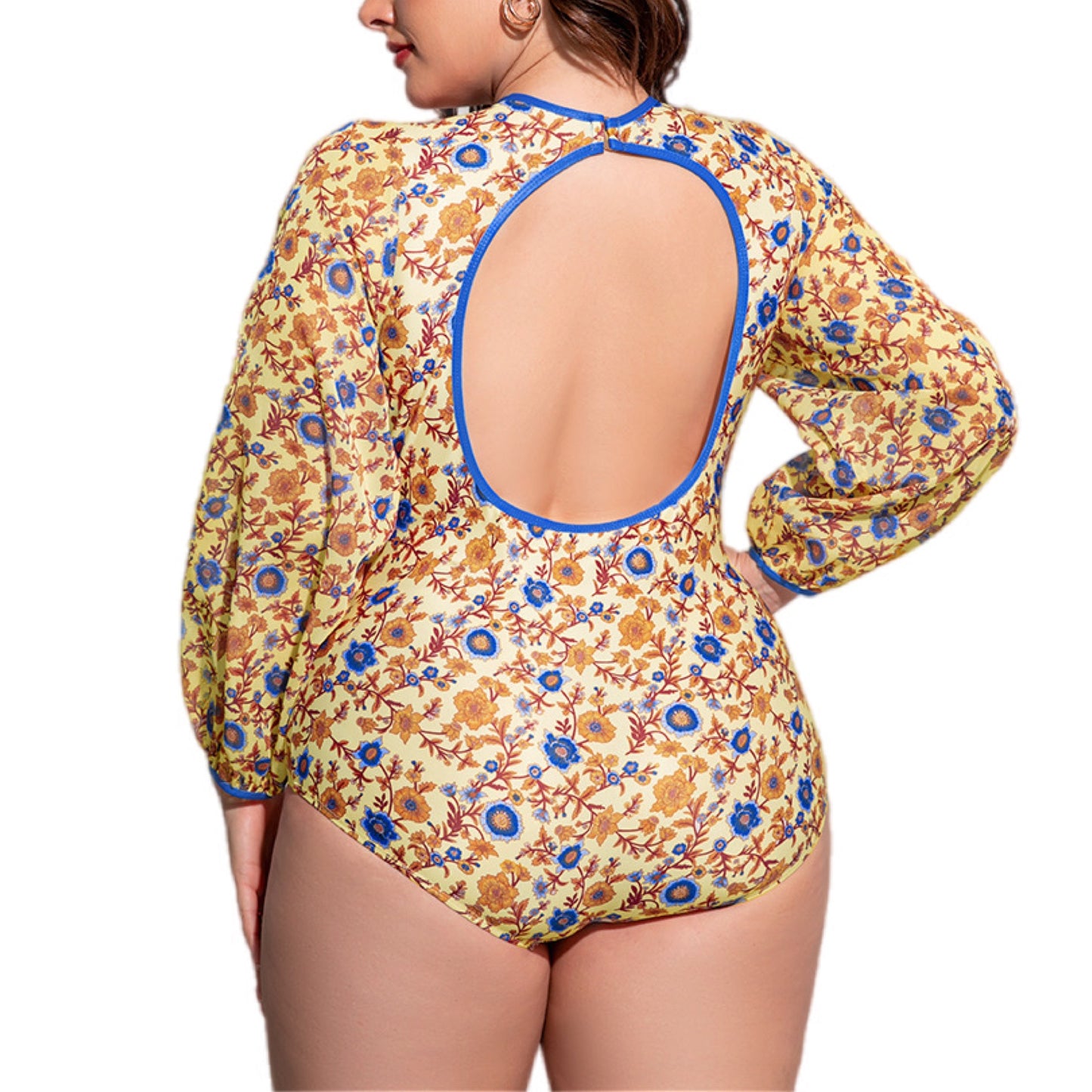 Plus Size Floral Open Back Long Sleeve One-Piece