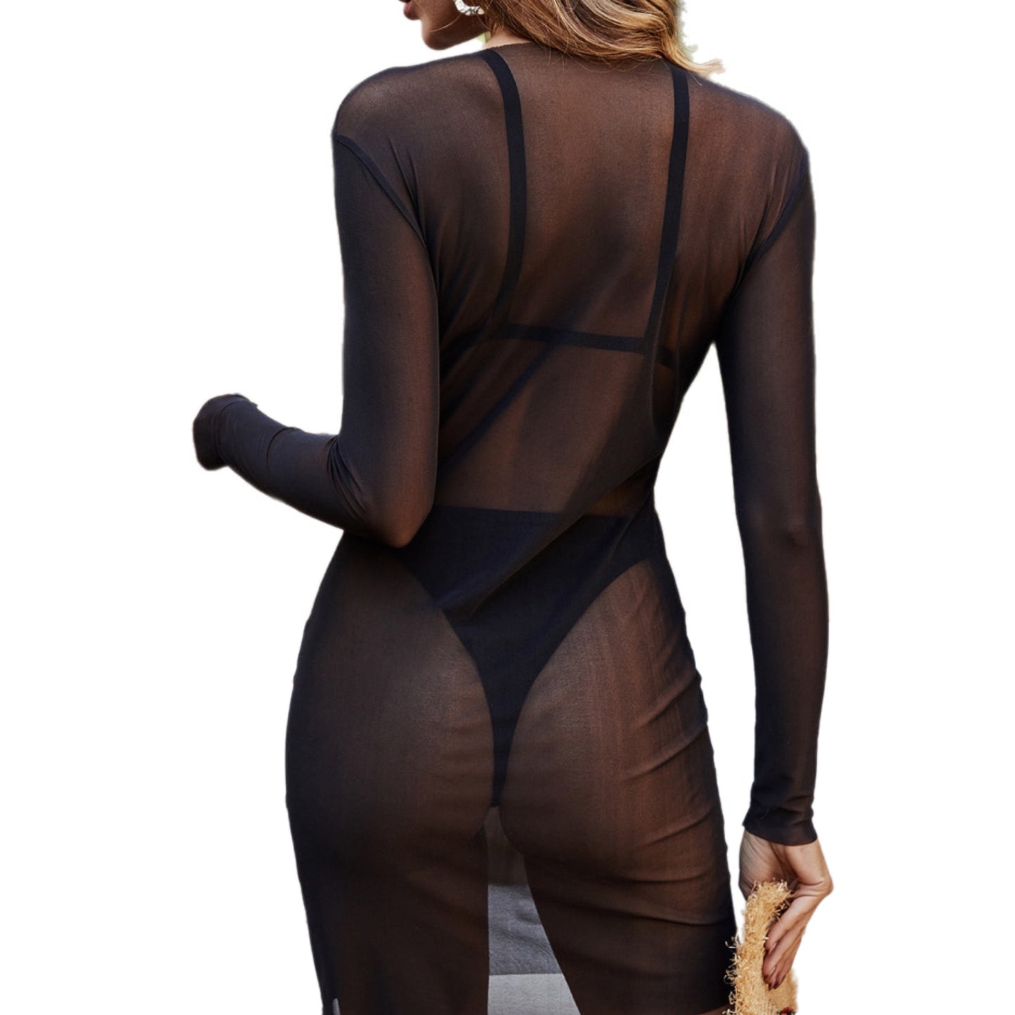 Long Sleeve Mesh Mock Neck Cover Up