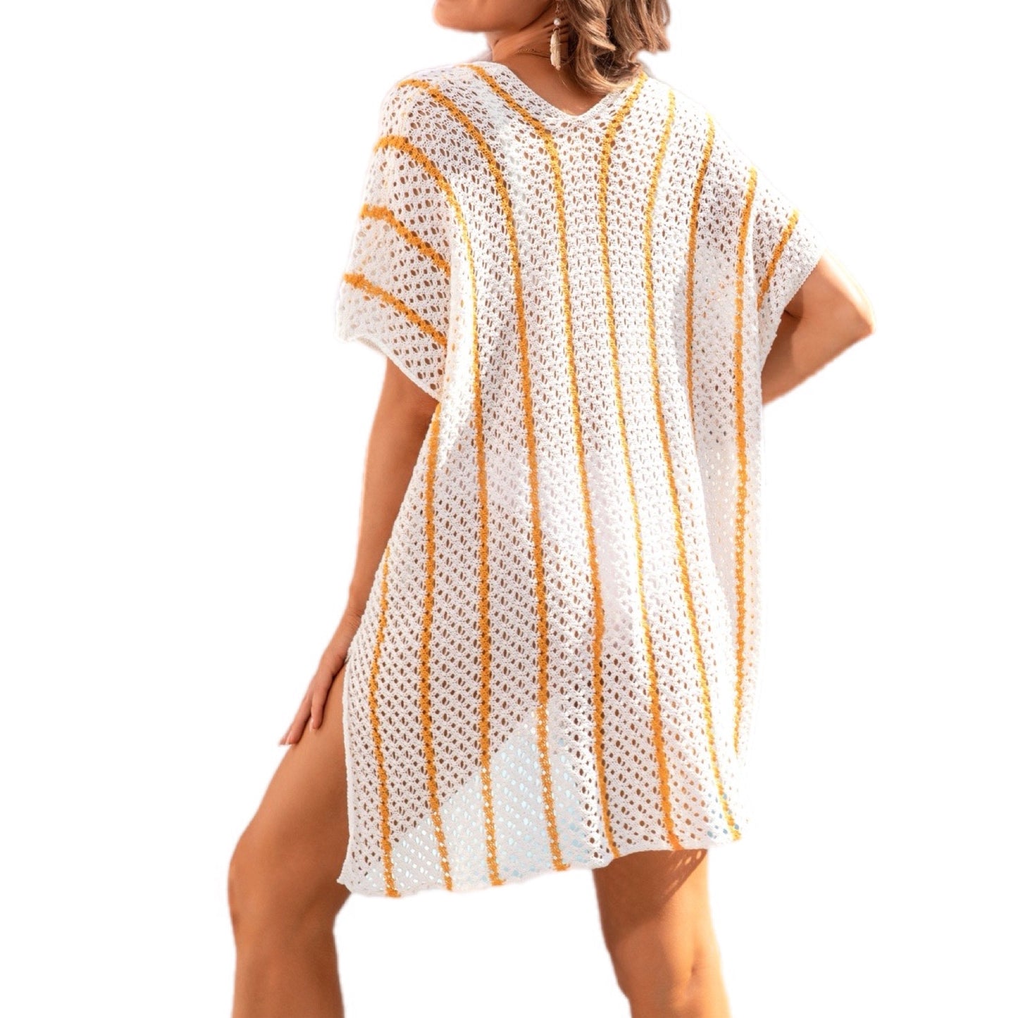 Colorful Openwork V-Neck Short Sleeve Cover Up