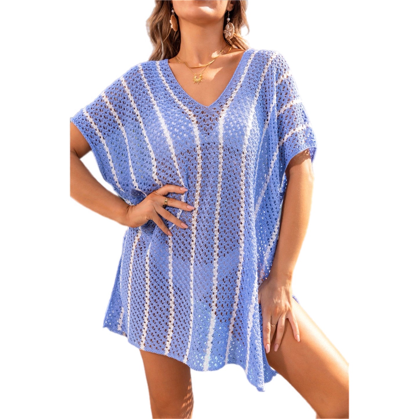 Colorful Openwork V-Neck Short Sleeve Cover Up