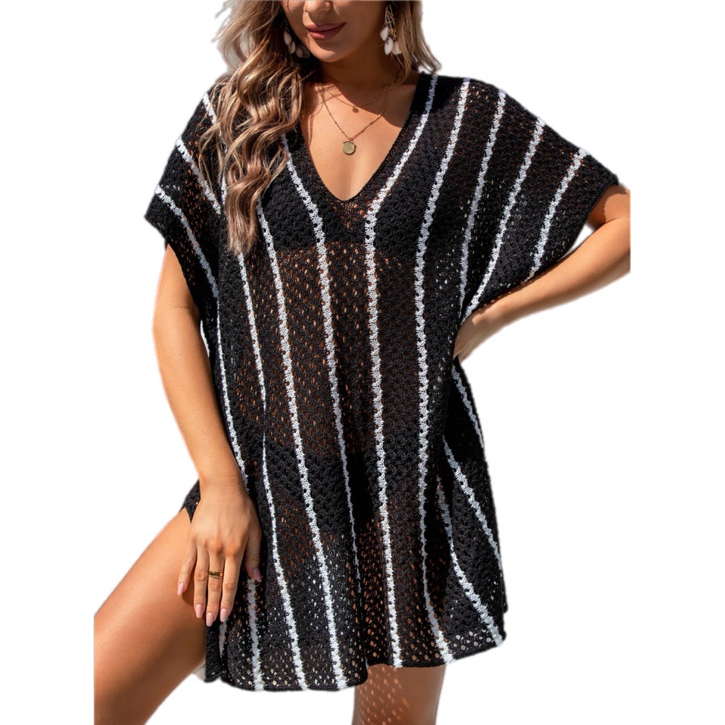 Colorful Openwork V-Neck Short Sleeve Cover Up