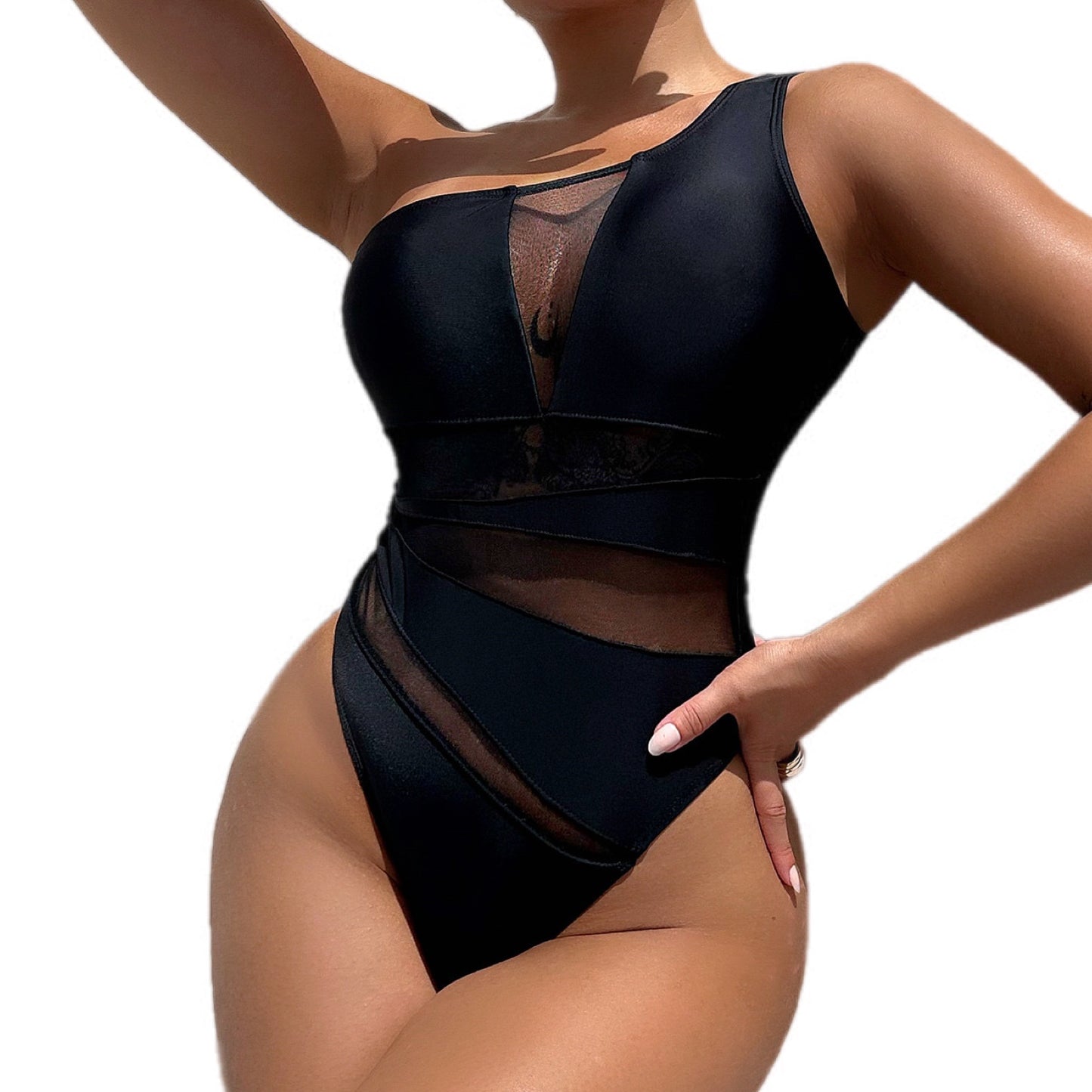 One-Shoulder Mesh Cutout One-Piece Swimsuit