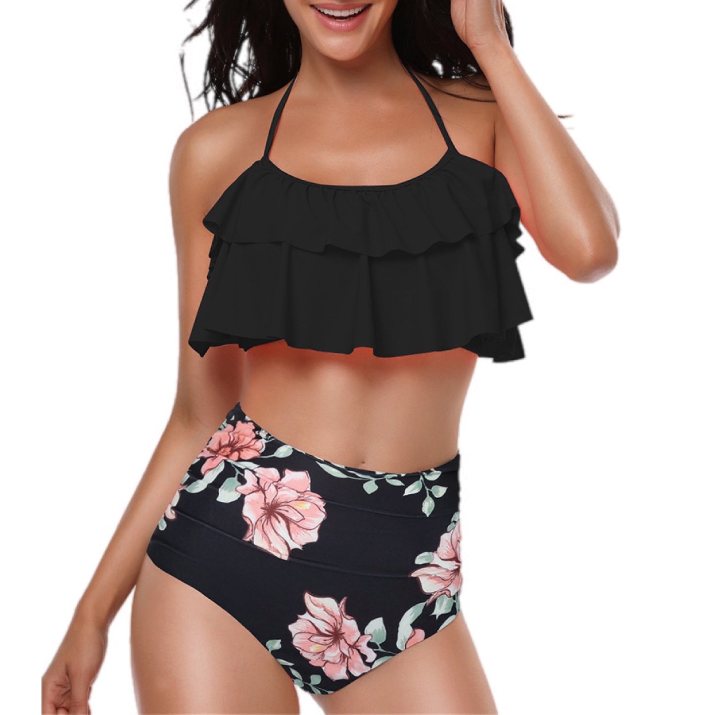 Two-Tone Ruffled Halter Neck Two-Piece Swimsuit