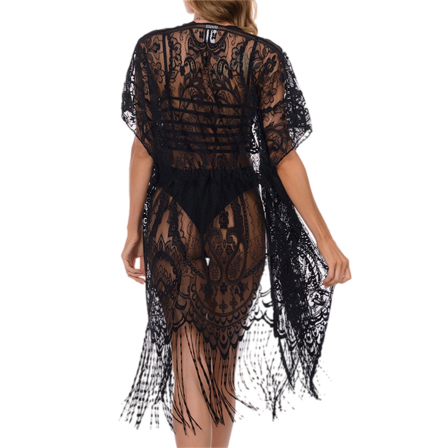 Fringe Trim Lace Cover-Up Dress