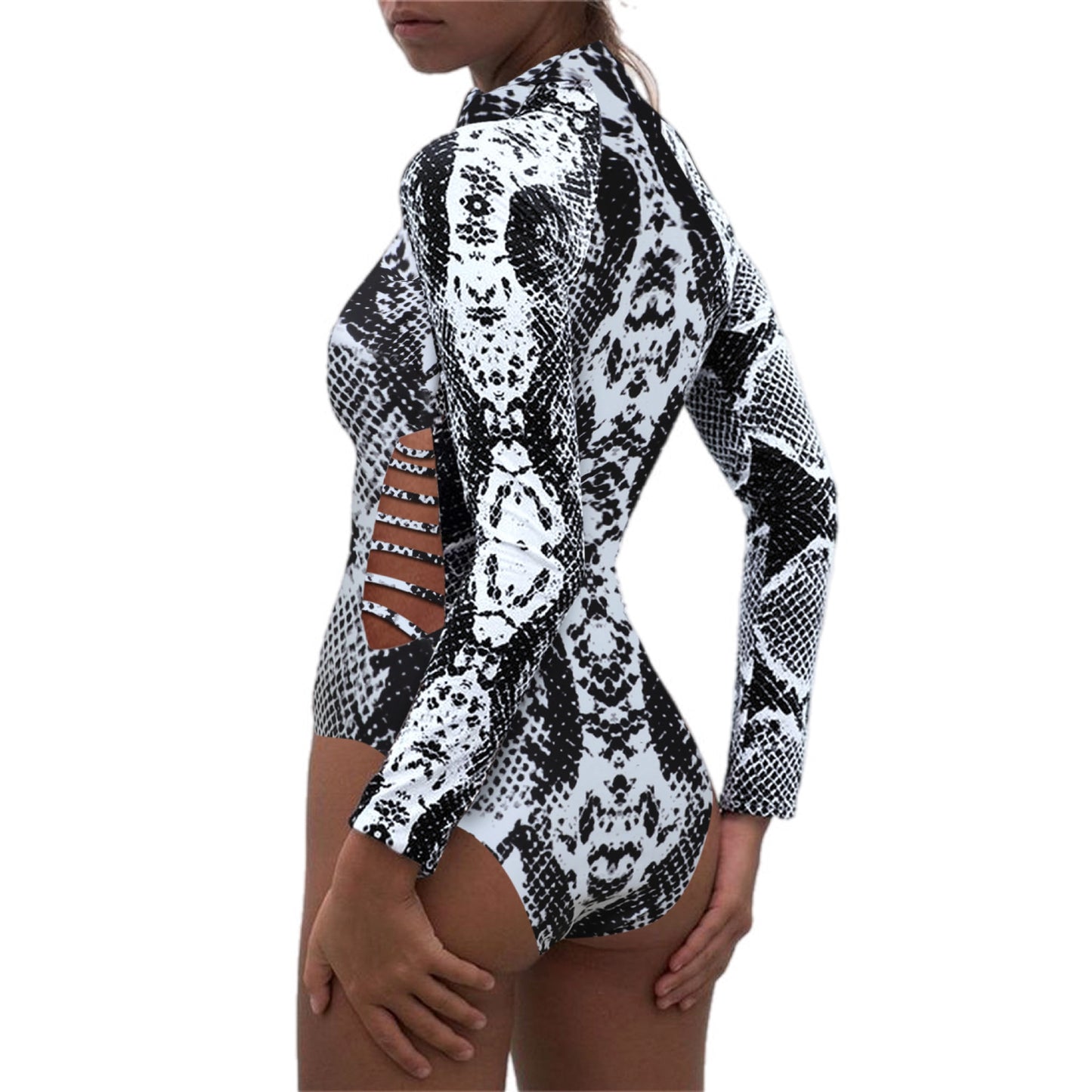 Long Sleeve Animal Print Zipper Cut-Out Swimsuit