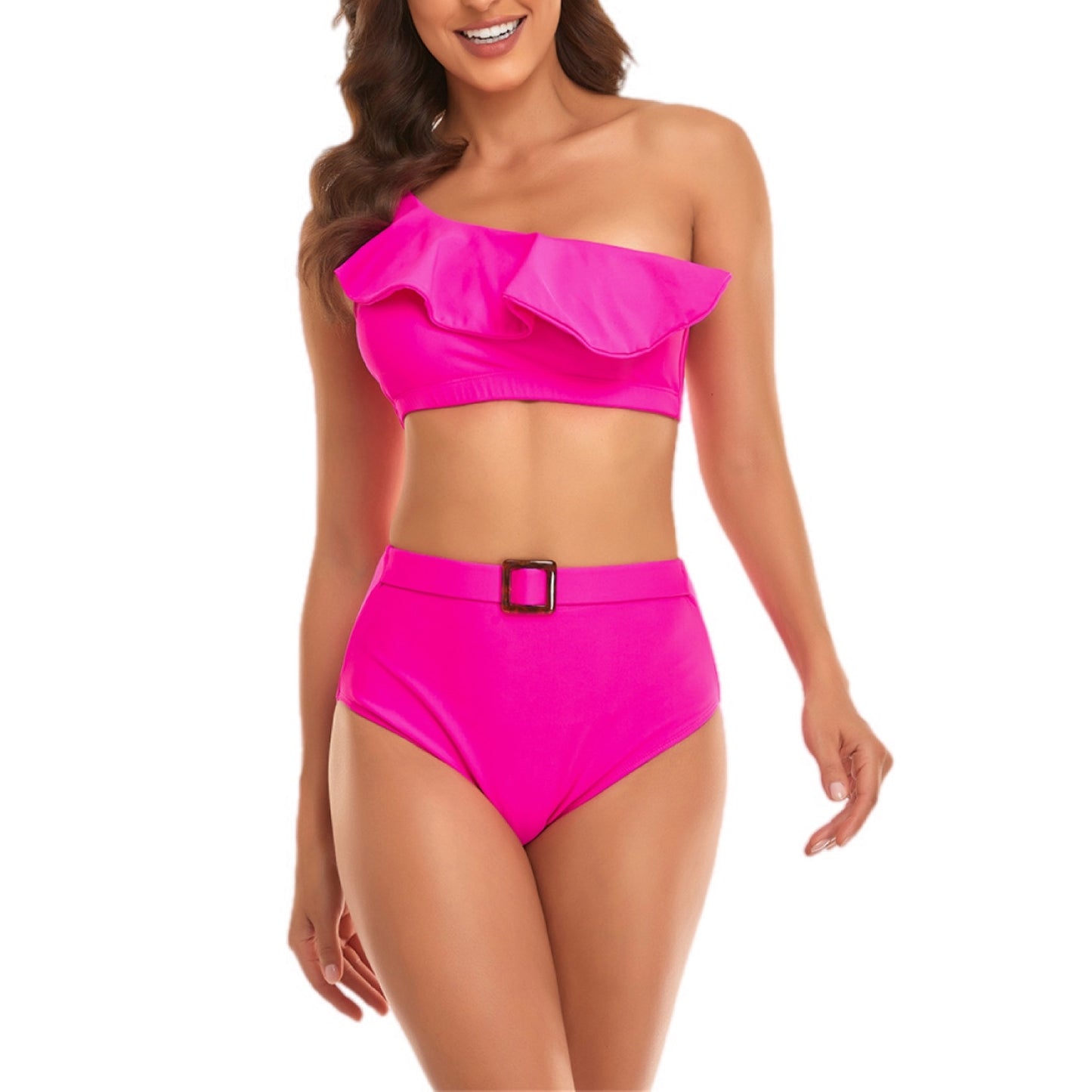 Ruffled One-Shoulder High Waist Buckled Bikini