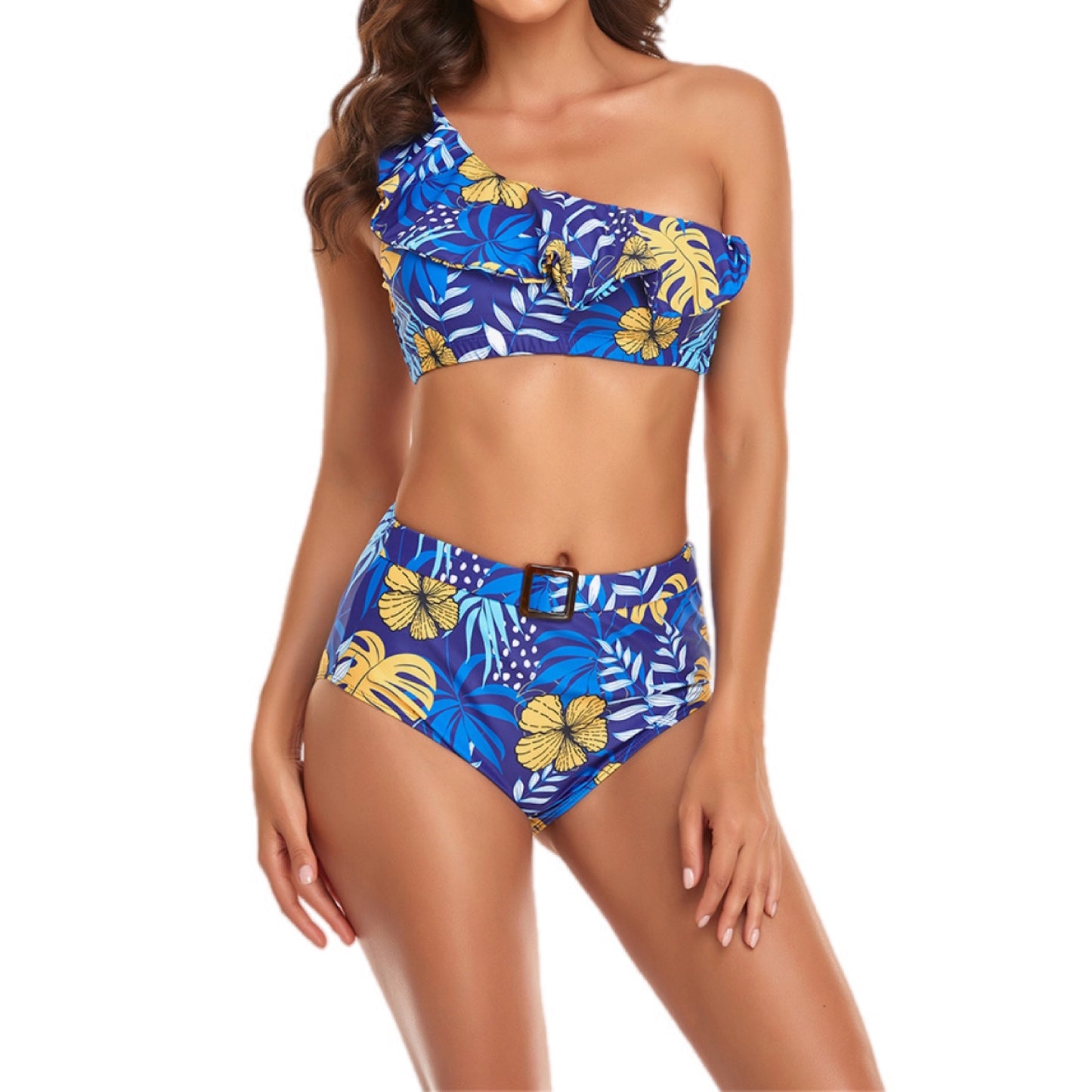 Ruffled One-Shoulder High Waist Buckled Bikini