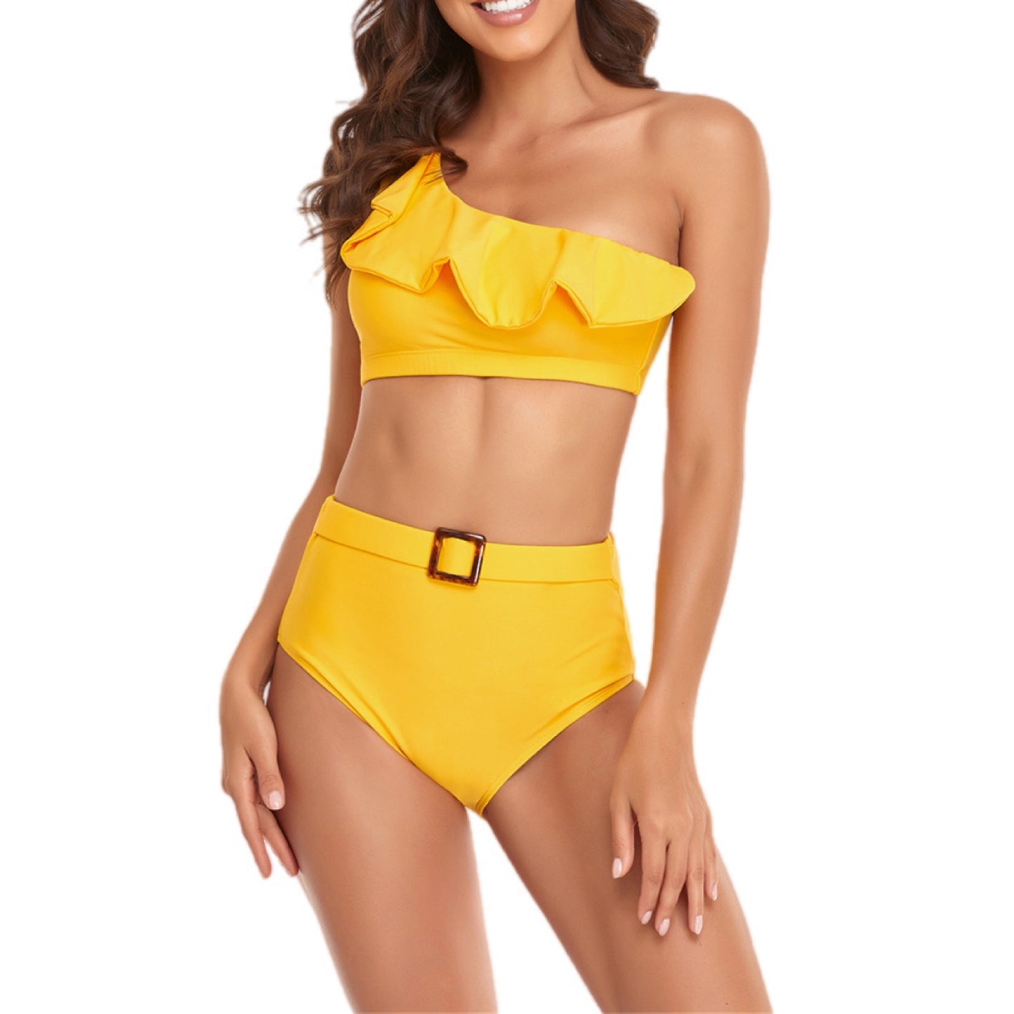 Ruffled One-Shoulder High Waist Buckled Bikini