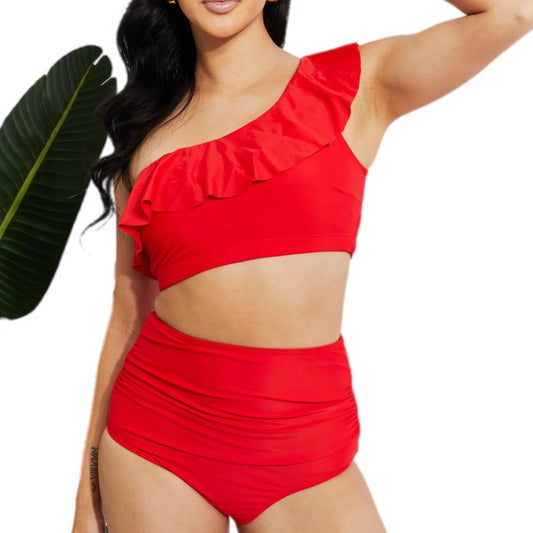 High Waist Ruffle One-Shoulder Bikini