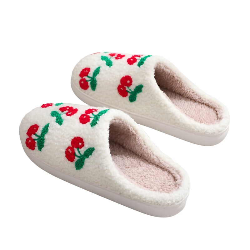 White Fluffy Cherry Slippers