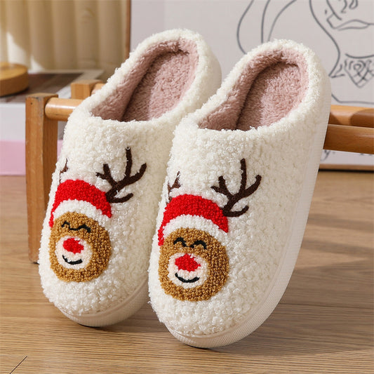 Christmas Reindeer Print Home Plush Slippers