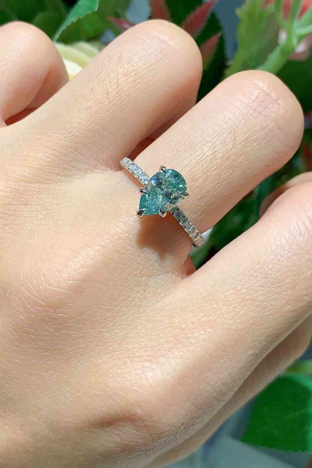 1.5 Carat Green Moissanite Pear Solitaire Sterling Silver Ring