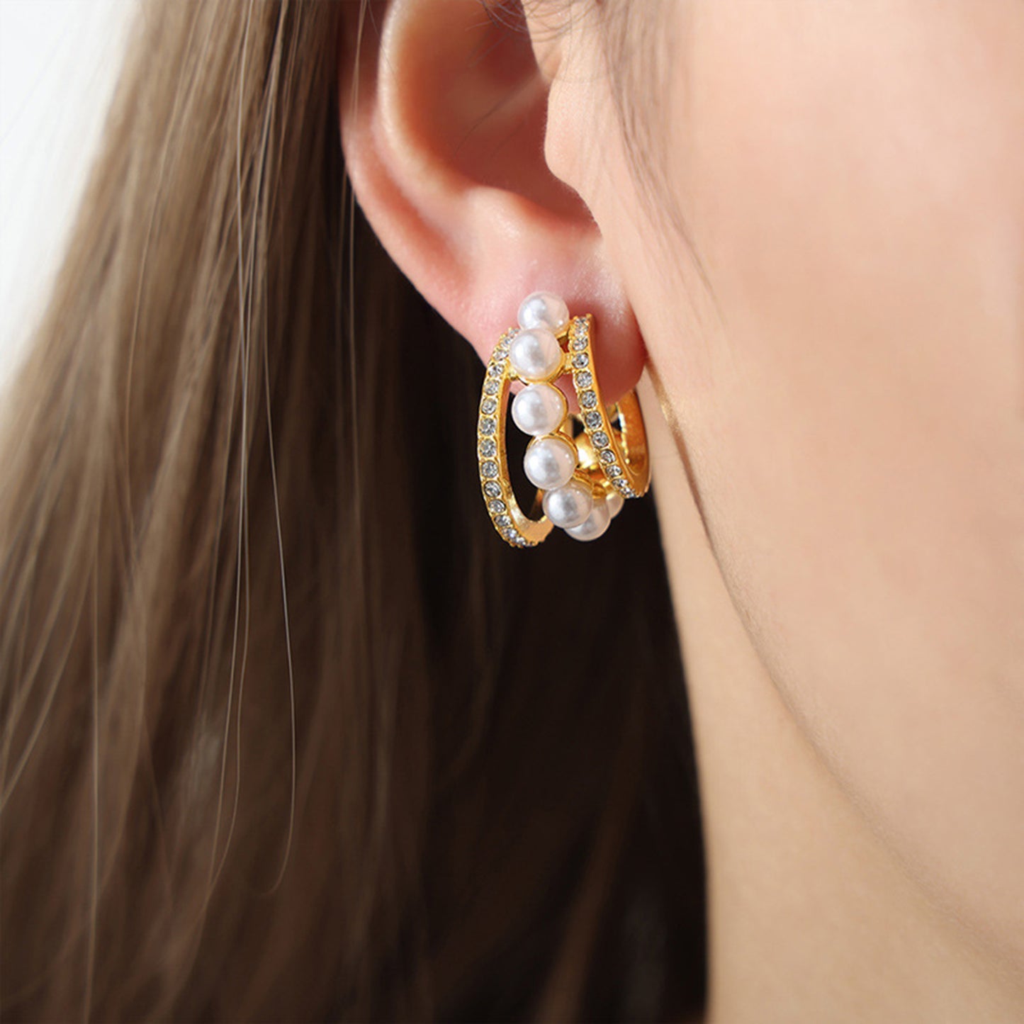 Pearl Embellished Titanium C-Hoop Earrings