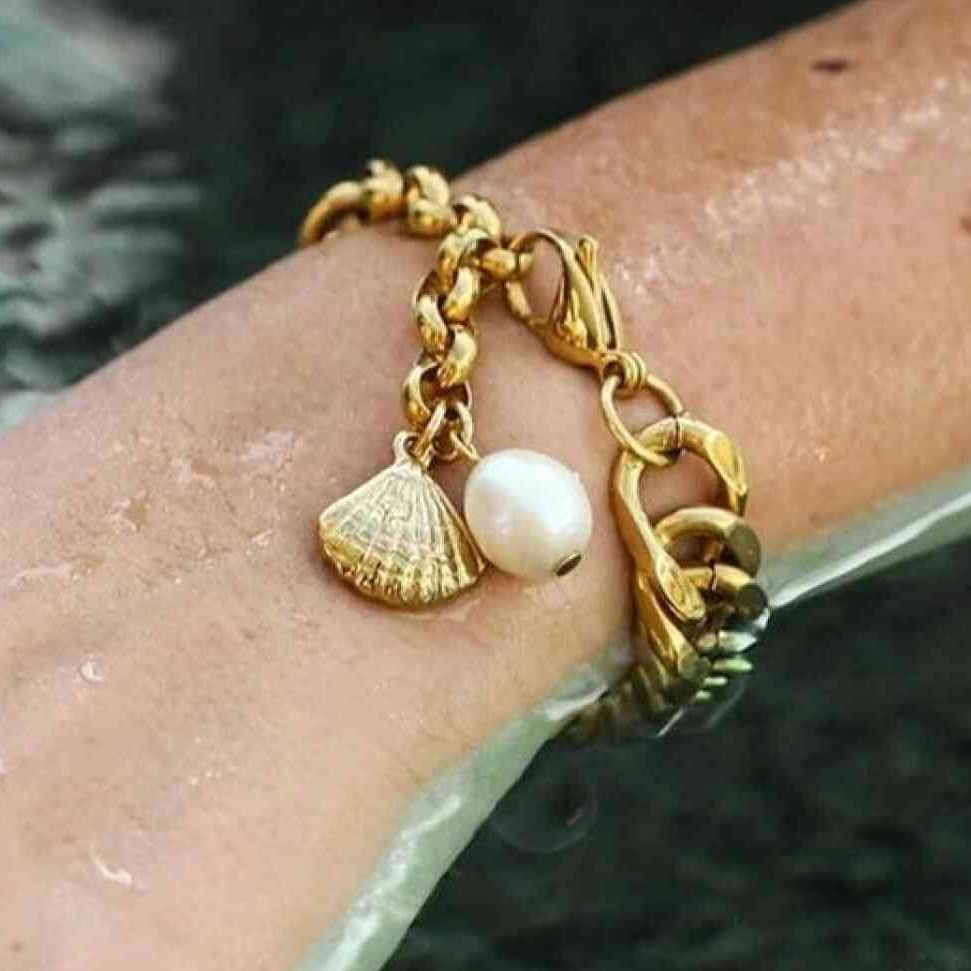 Gold Chain Pearl Charm Bracelet