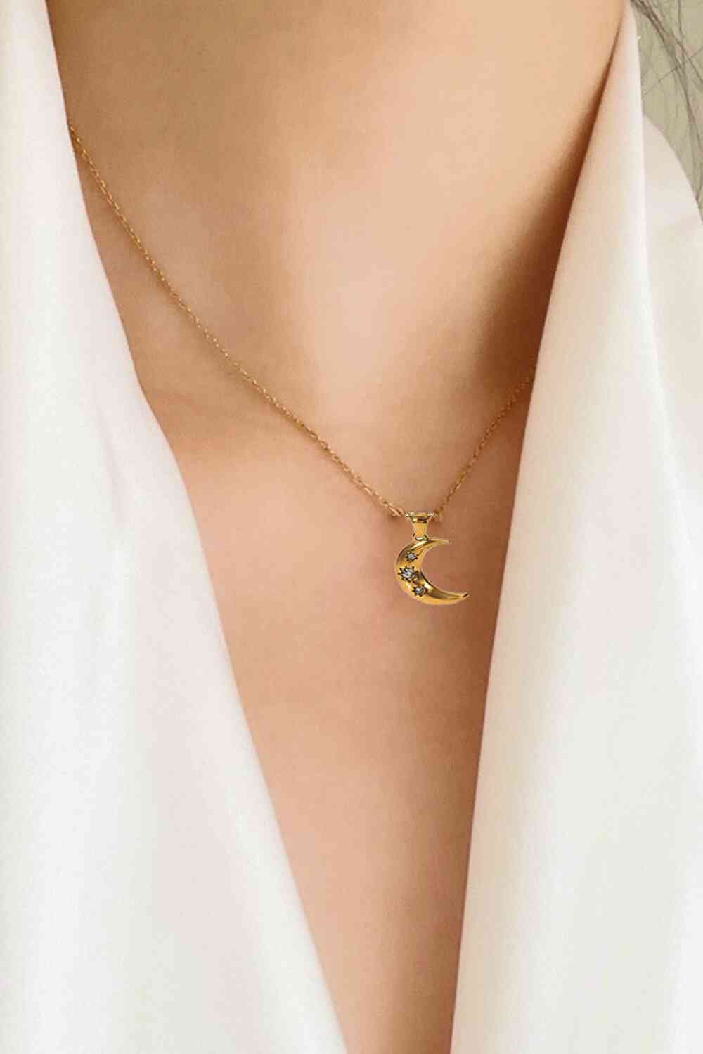 Gold Crescent Moon with CZ Charm Necklace