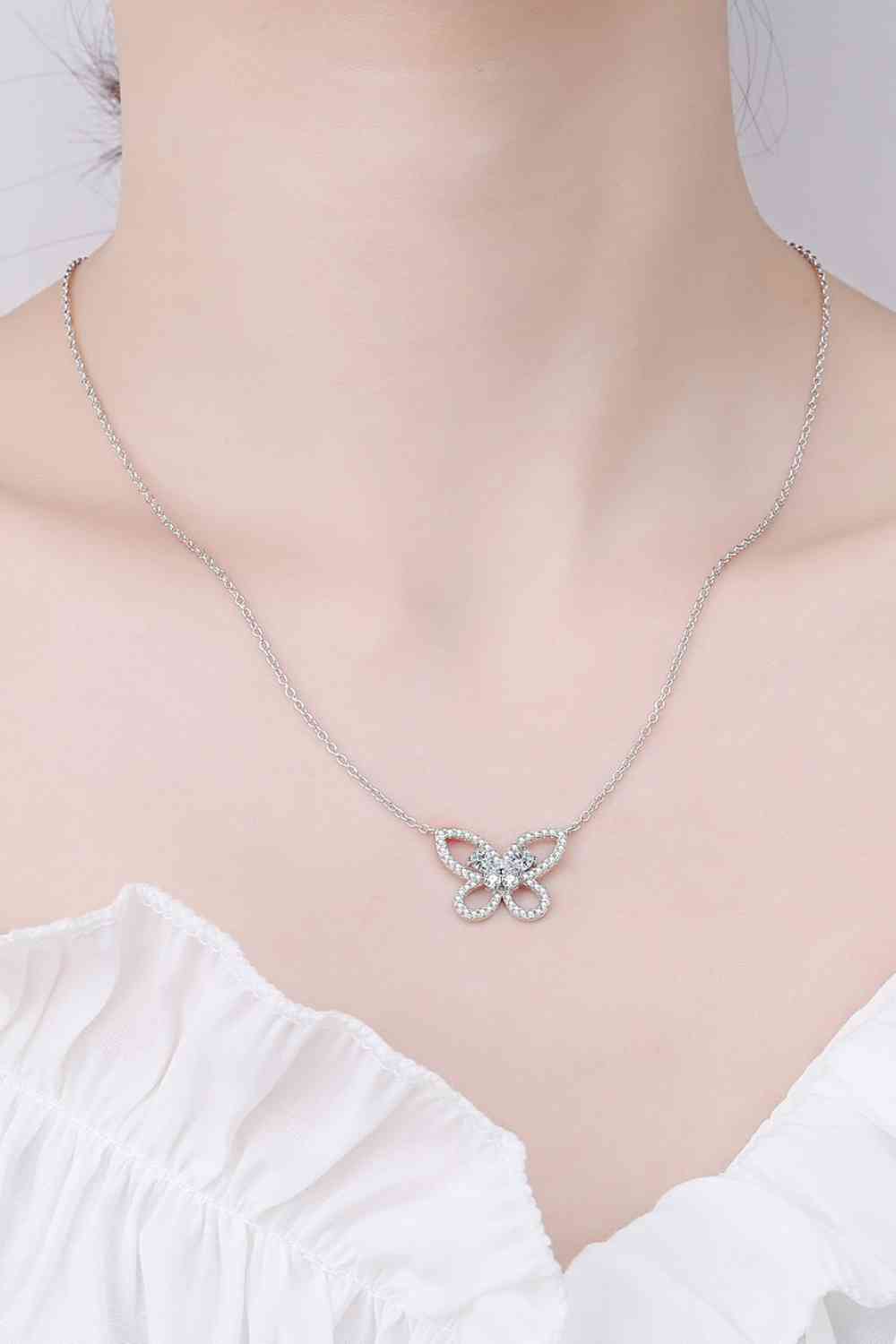 Moissanite Butterfly Sterling Silver Charm Necklace