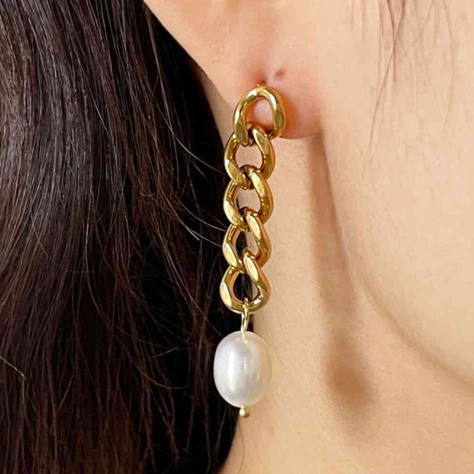 Gold Chain & Pearl Stud Dangle Earrings